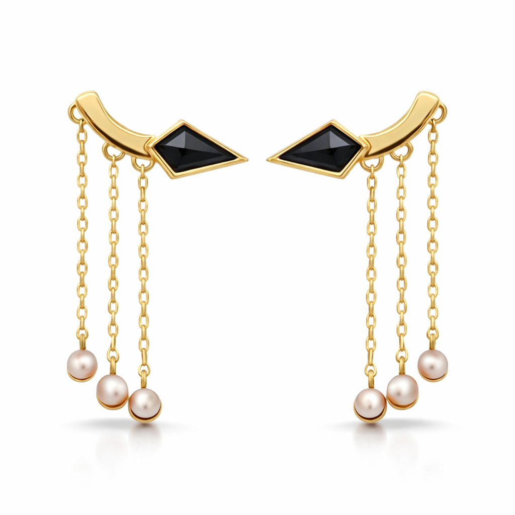 Freefall Earrings with Black Spinel and White Pearls