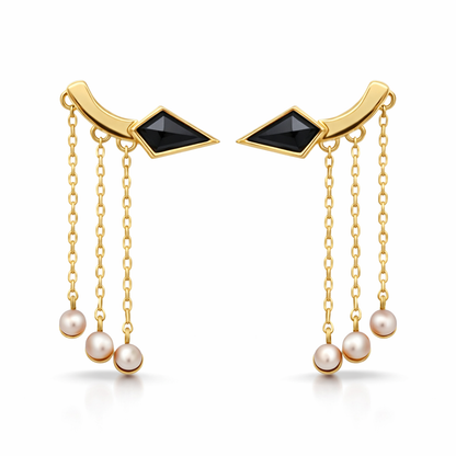 Freefall Earrings with Black Spinel and White Pearls